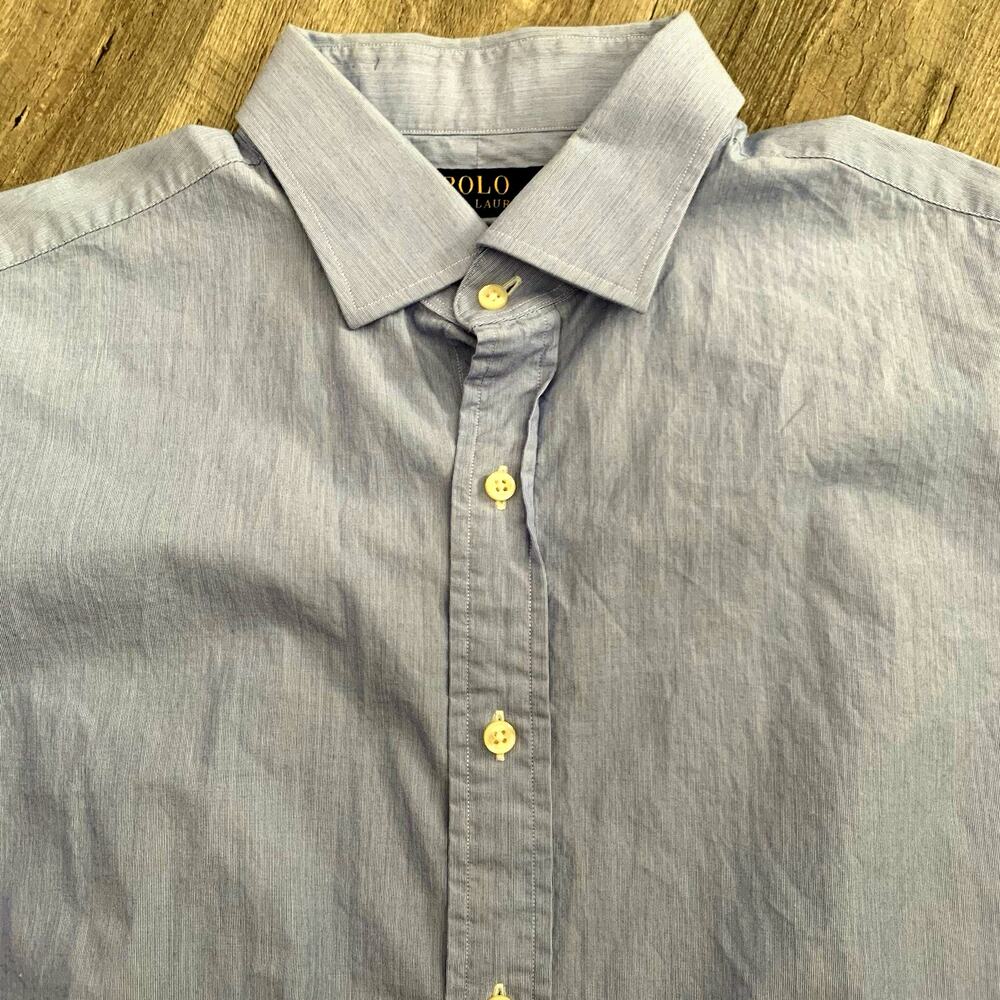 POLO Ralph Lauren Dress Shirt Mens Sz 17.5 34/35 Classic Fit Blue Spread Collar